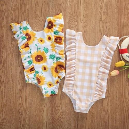 Citgeett Summer 0-5Y Infant Baby Girls One Piece Bikini Ruffles Sleeve Sunflowers Plaid Print Jumpsuits Bodysuit Swimwear
