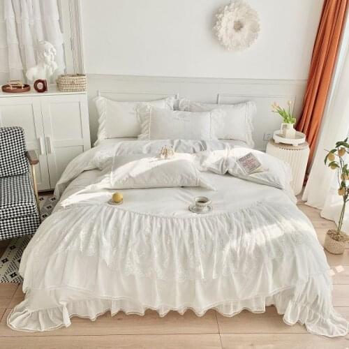 1000TC Egyptian Cotton White Duvet Cover with Exquisite Ruffles Elegant Double Layers Lace Fringe Premium Bedding set size 4pcs