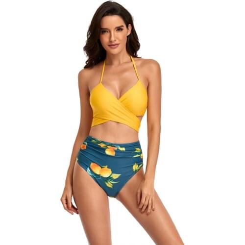 Bikini Sets Yellow And Lemon Print Mid-Waist Swimsuit Women Sexy Lace Up Two Pieces Swimwear 2021 New Beach Bathing Suits