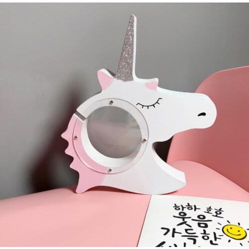 Nordic Style Creative Wooden Crafts Unicorn Shape Coin Piggy Bank Kids Room Decoration Birthday Gift Money Saving Box E548