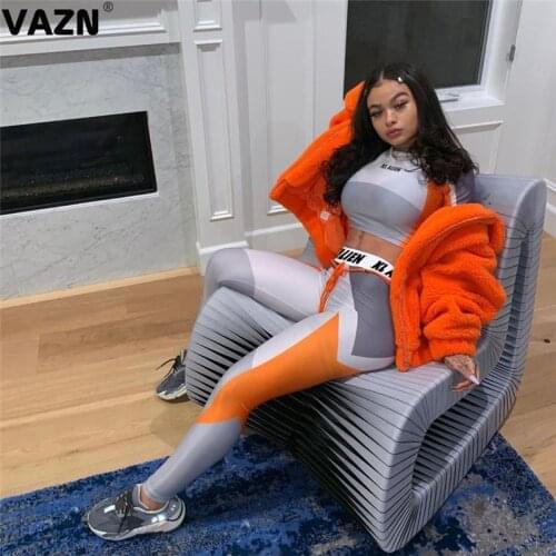 VAZN 2020 Hot Sale Women Casual Shinny Solid Outfit Two Pieces Set Full Sleeve Full Pant Sport Running Sets