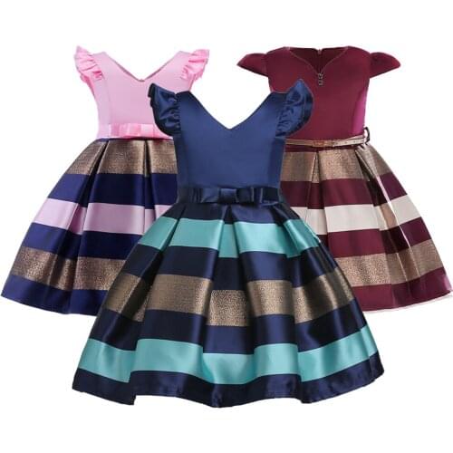 Summer Princess Girls Dress N-neck Striped Gold Costumes Birthday Wedding Party Frocks Dresses disfraz infantil 2 4 6 8 10 Years