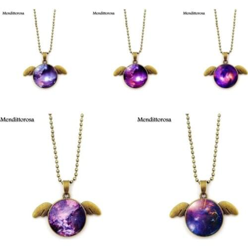 Mendittorosa Purple Nebula Space Universe Bronze Angel Wings Necklace For The Boy Girls Cartoon Gift Jewelry