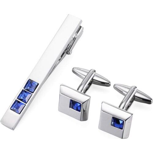 A set new high quality silvery square blue crystal Cufflinks Tie Clip Mens French shirt Cufflinks Tie Clip box Free Shipping