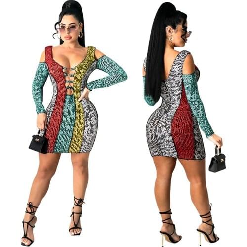 Labyrinth Printed Bodycon Skinny Dress Trendy Cold Should Long Sleeves Outfit Sexy Hollow Out Mini Vestido Feminino Wholesale
