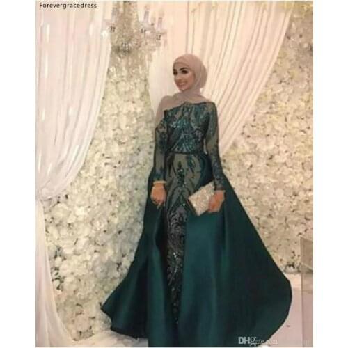 Amazing Green Prom Dresses Long Sleeves Detachable Train Holidays Graduation Wear Evening Party Gowns Plus Size Custom Made