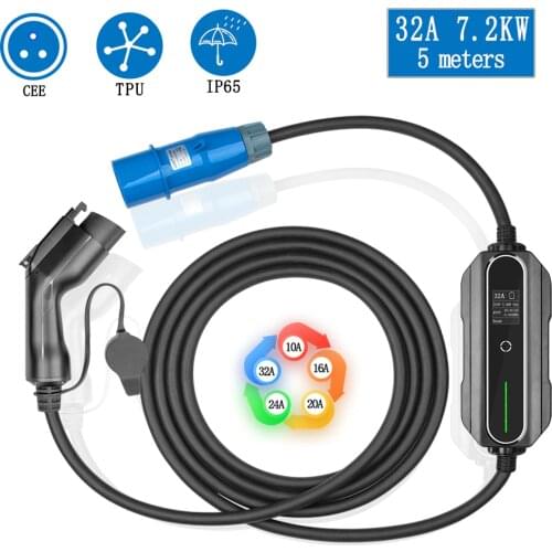 Adjustable Home Electric Vehicle Car Charger J1772 Type1 Plug 32Amp EV Portable Charger 5metres EV Charging Cabl With CEE Plug