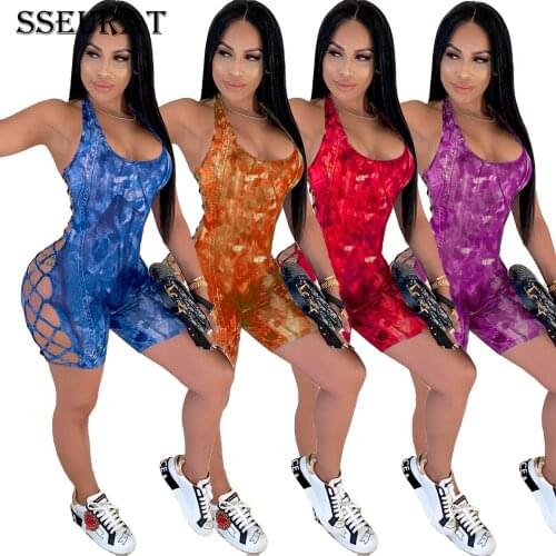 SSEURAT New Women Fake Jean Print Lace Up Romper for Beach Sexy Club Party Hollow Out Halter Neck Summer