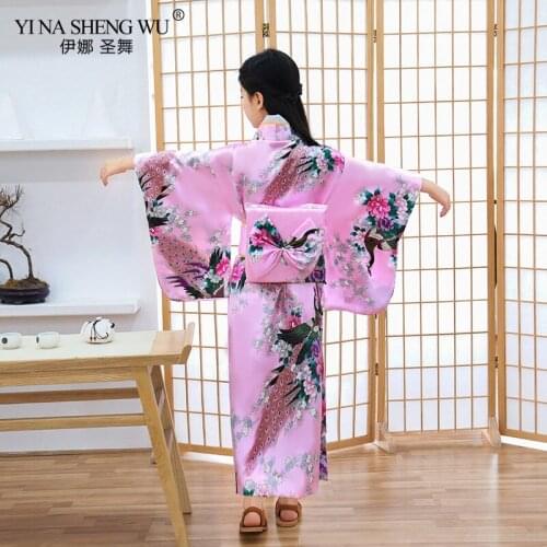 Japan Traditional Child Robe Satin Girls Kimono Bow Yukata Childrens Peacock Print Dress Bridesmaid Flower Costume Silk Kimono