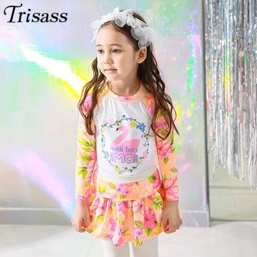 Trisass 2021 New Arrival Lovely Skirt Bikini set Printed Skirt For Girls Two Piece Swimwear Childrens suit Swimsuit With Sleeve