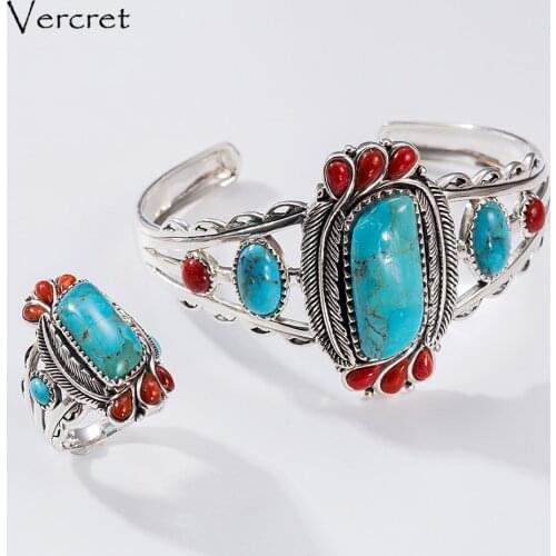 Vercret Nature Stone Bangle Real Pure 925 Sterling Coral Turquoise Stone Bracelet Bangle