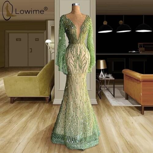 Green Heavy Beading Long Sleeve Evening Dresses Sexy Deep V Neck Illusion Bodice Middle East Long Robes Formal Dress for Party