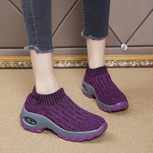New Solid Sneakers Women Shoes Woman Slip on Air Mesh Ladies Shoes Flats High Heels Thick Bottom Vulcanized Shoes Plus Size 43