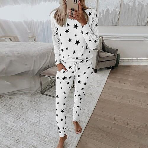 Womens Pajama Sets Stars Printed 2 Piece suit Pajamas Set O-neck+Long Drawstring Pants 2021 Spring Sweet Pajamas Homewear