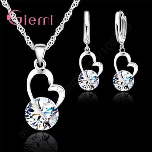Top Quality New 925 Sterling Silver Necklace Earrings Jewelry Set Shiny Love Heart Shape for Women Girl Wedding Gift