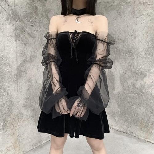 Gothic Vintage Sexy Lace Up Black Dress Goth Aesthetic Mesh Long Sleeve Mini Dress Women Harajuku High Waist Party Dress 2021