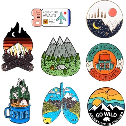 Outdoors Mountain Starry Night Enamel Pin Custom Wild Camping Hiking Brooches Bag Clothes Lapel Pin Adventure Badge Jewelry Gift