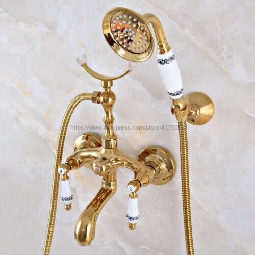 Golden Brass Bathtub Faucet Wall Mount Handheld Bath Tub Mixer System with Handshower Telephone Style Nna962