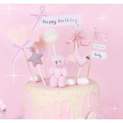 1pc Pink Doll Bear Cupcake Topper Cloth Star Heart Crown Cake Topper For Wedding Valentine Birthday Party Cake Decorations Tools