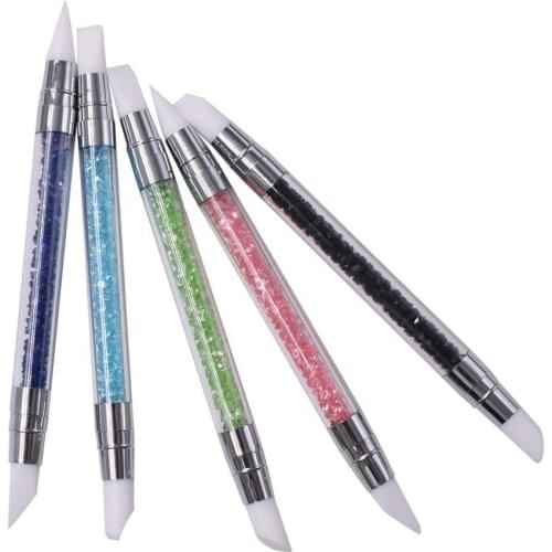 Acrylic Handle Dual-Ended 2 Ways Silicone Nail Art Sculpture Pen 3D Carving DIY Glitter Powder Liquid Manicure Dotting Brush