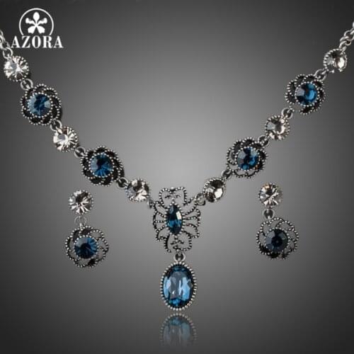 AZORA Exclusive Ancient Silver Color Bule Stellux Austrian Crystal Earrings and Necklace Set TG0034