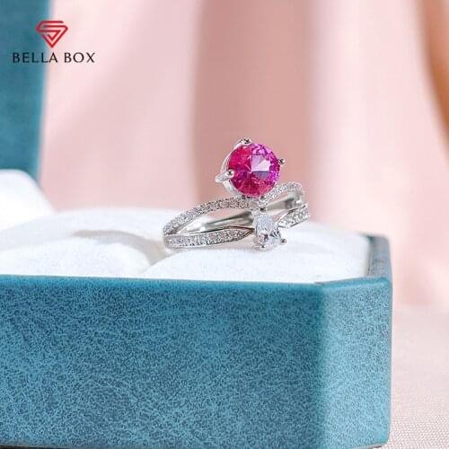 BELLA BOX Luxury 925 Sterling Silver Women Ring With Round Shape Ruby Gemstones 5A Zircon Wedding Anniversary Fine Jewelry Gift