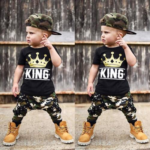 Kids clothes boy suit 2021 summer short-sleeved black T-shirt top casual camouflage pants boy suit 1-6 years old