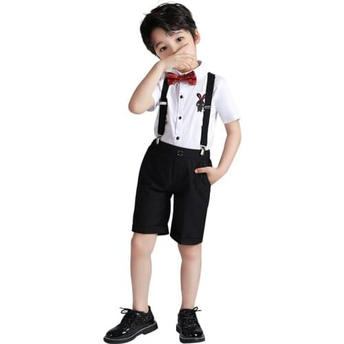 Boys Girls Summer Shirt+Short+Suspender+Bowtie Suit 4Pcs Clothing Set Gentleman Kids Children Performance Graduation Dress