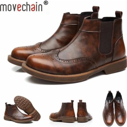 Movechain Mens Leather Chelsea Ankle Boots Man Autumn Winter Martin Boot Mens Outdoor Vintage Carved Brogue Shoes Size 38-45