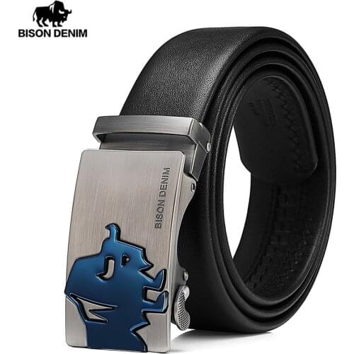BISON DENIM Cow Leather Men Belt Automatic Alloy Buckle Belt Luxury Classsic Genuine Leather Strap High Quality for Male N71517