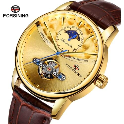 Forsining Mens Classic Self-winding Moon Phase Analogue Dial Tourbillon Luxurious Wristwatch with Leather Strap FSG8179M3