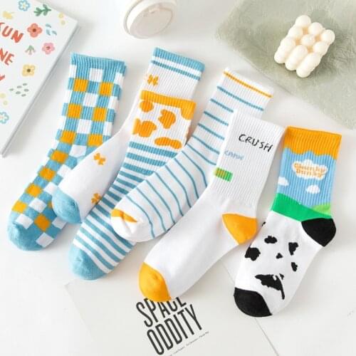 2021 New Japanese Harajuku Style Kaawii Woman Socks Cotton with Stripe Cloud Lovely Cow Funny Socks Women for Autumn Winter 7601