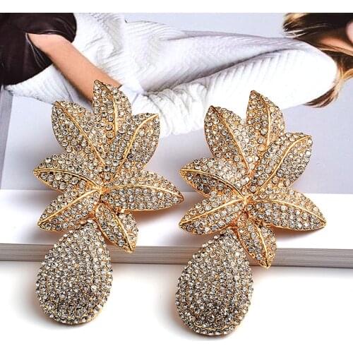 New Long Gold Metal Flower Drop Earrings Fully Studded With Crystals High-Quality Rhinestone Jewelry Accessories For Women