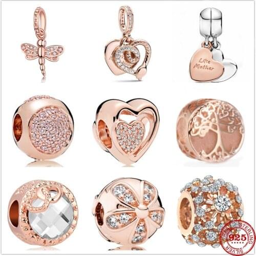 New 925 Sterling Silver Sparkling Heart petal dragonfly Bead Charms Rose Gold Fit Pandora charm Bracelets Women DIY Jewelry