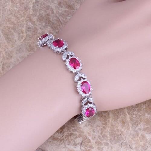 Alluring Red Cubic Zirconia White CZ Silver Plated Link Chain Bracelet 7 inch S0396