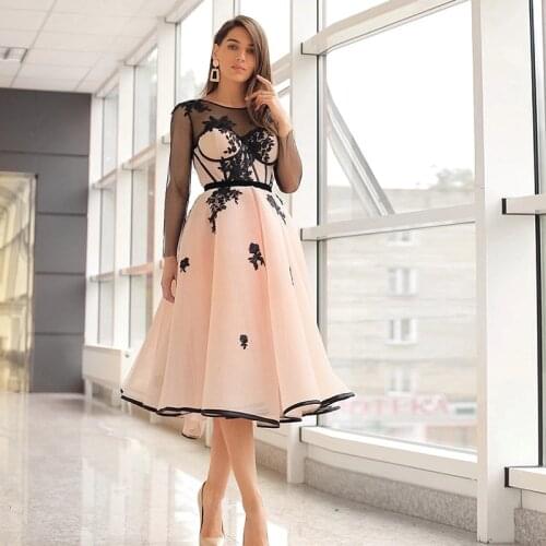 Long Sleeves Peach Prom Dress Illusion Corset Evening Dress With Sash Robe De Soiree 2021