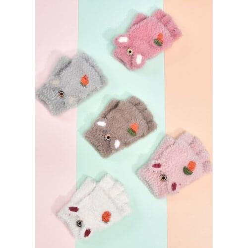 Autumn and Winter Children Cute Animal Cartoon Fruit Velvet Warm Gloves for Boys and Girls Soft Half-finger Gloves Kids