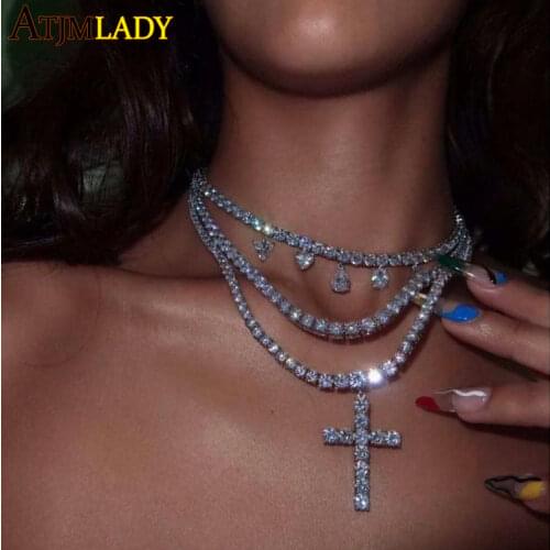 Iced out bling 5A cubic zirconia wedding engagement women jewelry DIY multi layerd drip cz tennis chain cz cross choker necklace