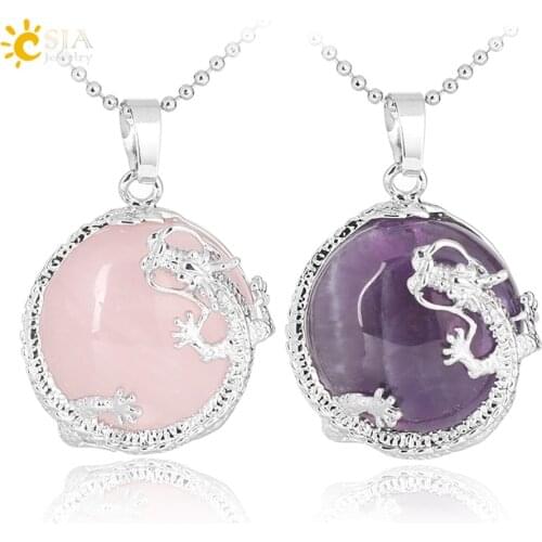 CSJA Necklaces Dragon Pendants Women Natural Stone Purple Crystal Pink Quartz Tiger Eye Lava Rock Flat Round Beads Fittings F304