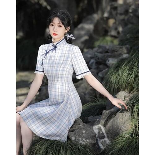 Jk Cheongsam Dress Vintage Chinese Style Bow Buttons Lace Cuff Plaid Printing Slim Dresses Fashion Gentle Style Ladies Qipao
