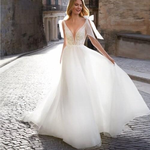 Simple Ivory Tulle Wedding Dresses Bow Spaghetti Straps A-Line Floor Length Bohemian Beach Boho Wedding Party Gowns