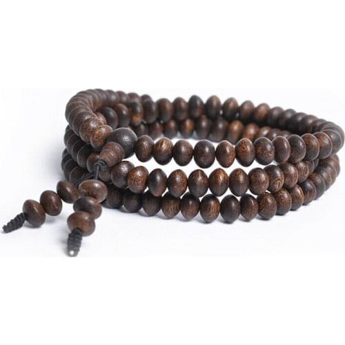 Tibetan Buddhism 108 Malinau Eaglewood FLat prayer Beads Mala Necklace