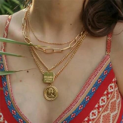 Vintage layered Napoleon Coin Pendant Gold Color Statement Necklace Big Chains Square Letter Necklace Charm Jewelry NB172