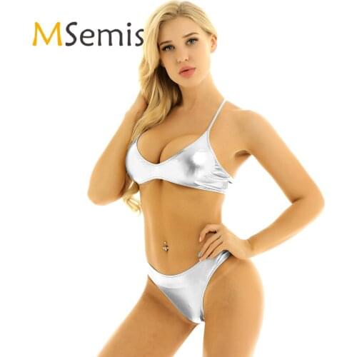 Womens Shiny Metallic Bikini Swimsuit Summer Bathing Suit Swimwear Strappy Cross Back Crop Top with Low Rise Briefs Underwear