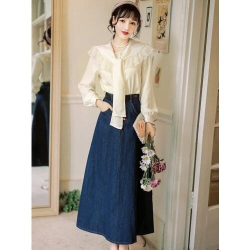 Korean Two Piece Set Women Elegant Suit Spring 2021 Lace Stitching Ruffled Fashion Tops+High Waist Denim Blue Skirt Sets Vestido