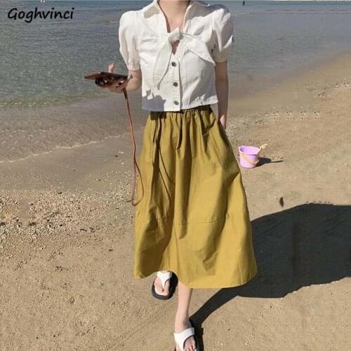 Summer Slim Dress Sets Women V-neck Lace-up Bow Puff Sleeve Shirts Elegant Sweet High Waist A-line Midi Skirt Mori-girls Trendy