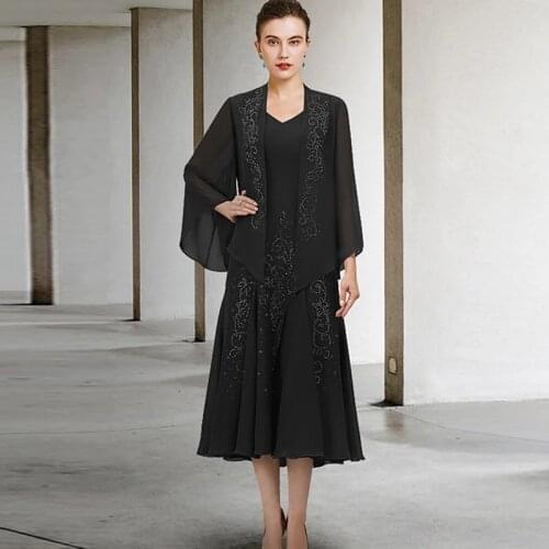 Chiffon Mother Of The Bride Dress Suits V Neck Crystal Patterns Women Wedding Dress Sets Large Size Wedding Dress Customed