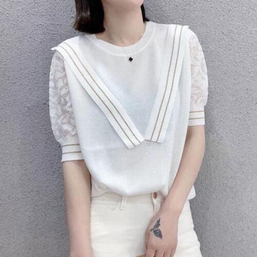Summer 2021 Stitching Round Neck Age Reducing Hollow Out Short Sleeve Western Style Knitted Ice Silk Top Womens Trend