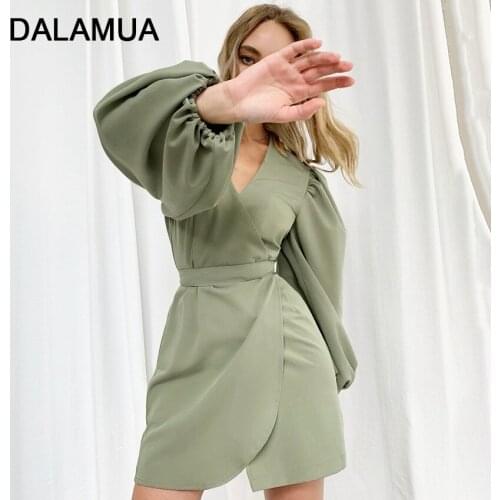 Women Mini Dress with Belt Lantern Long Sleeves V-Neck Zipper French Style Elegant Office Lady 2021 Spring Fahion Female Dresses