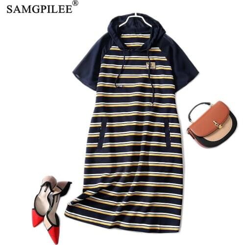 Korean Summer Clothes For Women 2021 New Striped Hooded Collar Patchwork Stretch Cotton Knee Length Short Sleeve Plus Size Dress